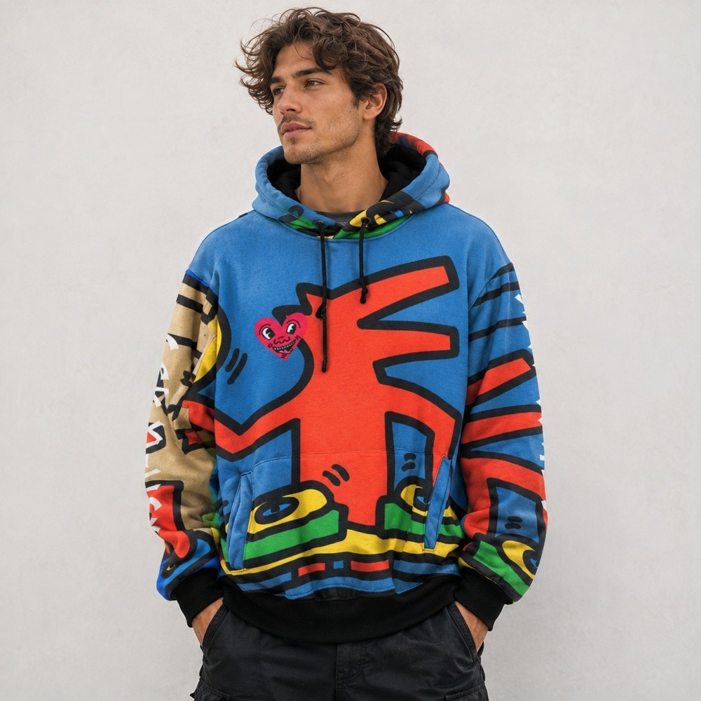 Members Only Keith Haring Pop Art Graphic Hoodie Mens Medium AOP Multicolor
